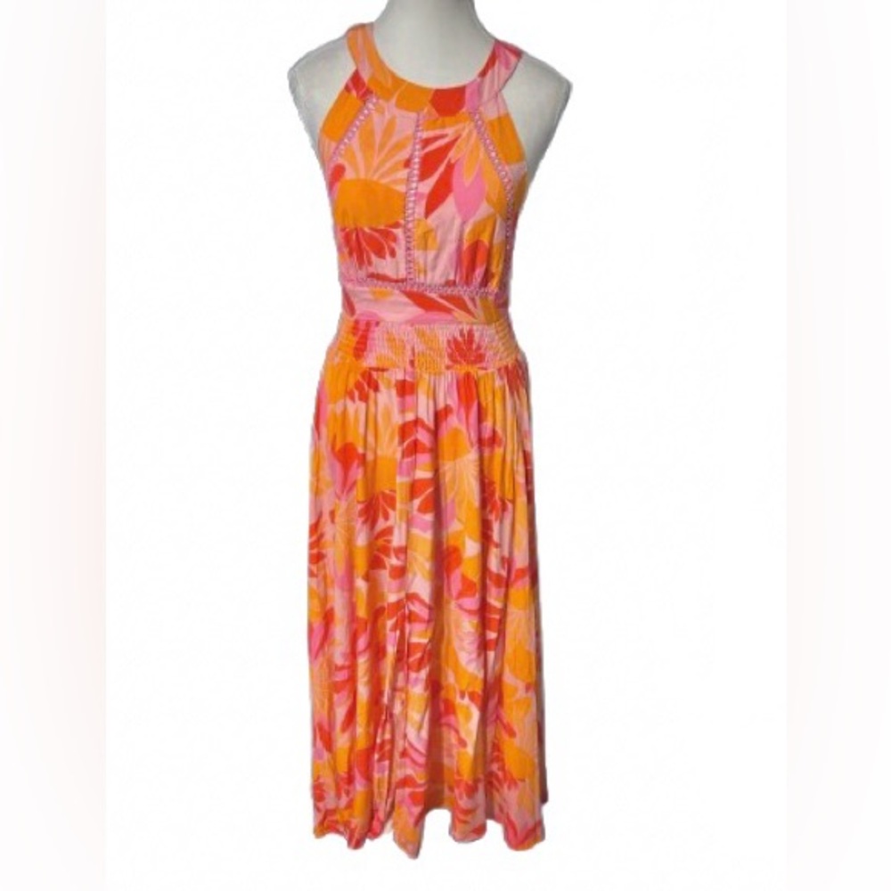 Open Back Abelthe Label Floral Maxi Midi Dress Slit Tropical Resort Beach